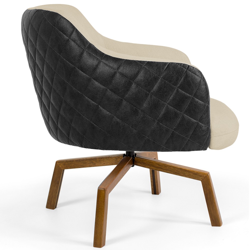 Poltrona Decorativa Giratória Base Ka Jade D02 Linho Bege C-129 Tressê Corano Preto - Lyam Decor