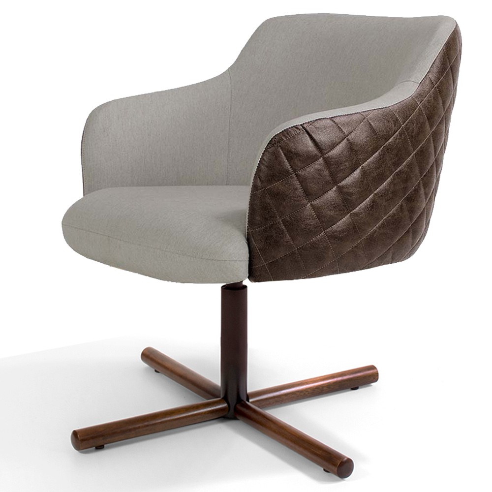 Poltrona Decorativa Giratória Base X Jade D02 Linho Bege C-107 Tressê Corano Marrom - Lyam Decor