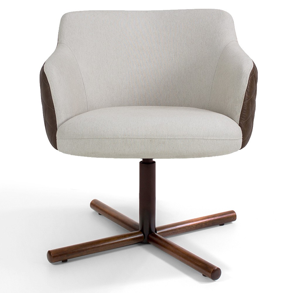 Poltrona Decorativa Giratória Base X Jade D02 Linho Bege C-107 Tressê Corano Marrom - Lyam Decor