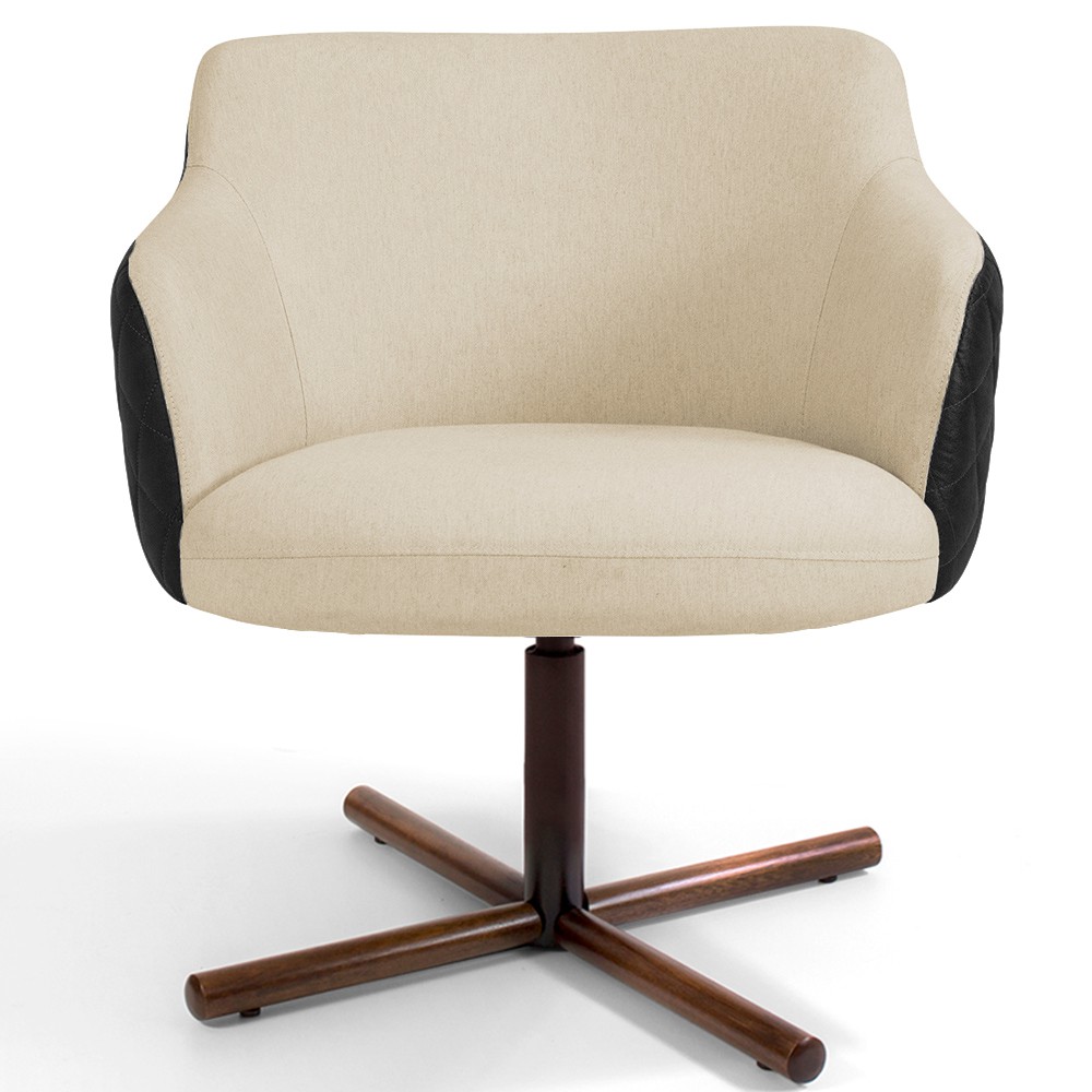 Poltrona Decorativa Giratória Base X Jade D02 Linho Bege C-129 Tressê Corano Preto - Lyam Decor