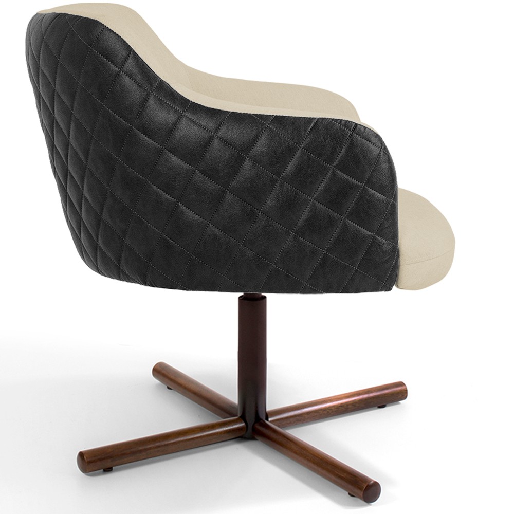 Poltrona Decorativa Giratória Base X Jade D02 Linho Bege C-129 Tressê Corano Preto - Lyam Decor