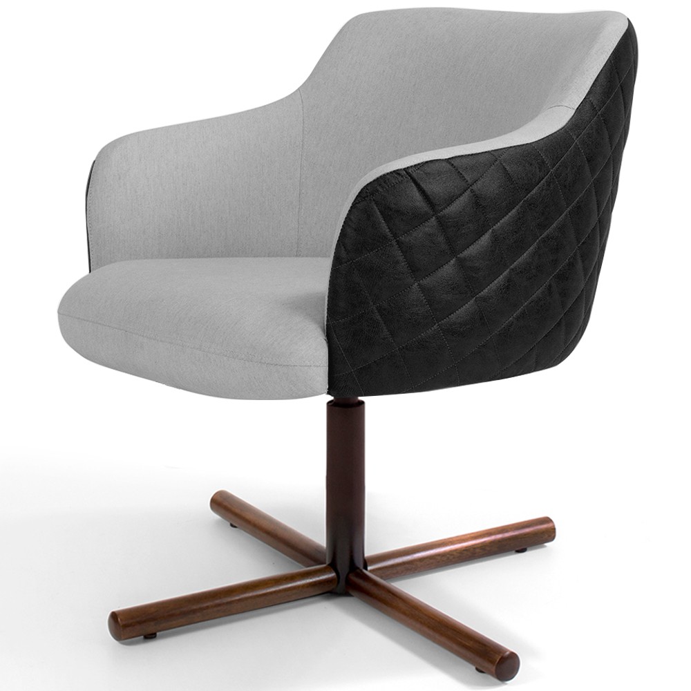 Poltrona Decorativa Giratória Base X Jade D02 Linho Cinza D-315 Tressê Corano Preto - Lyam Decor