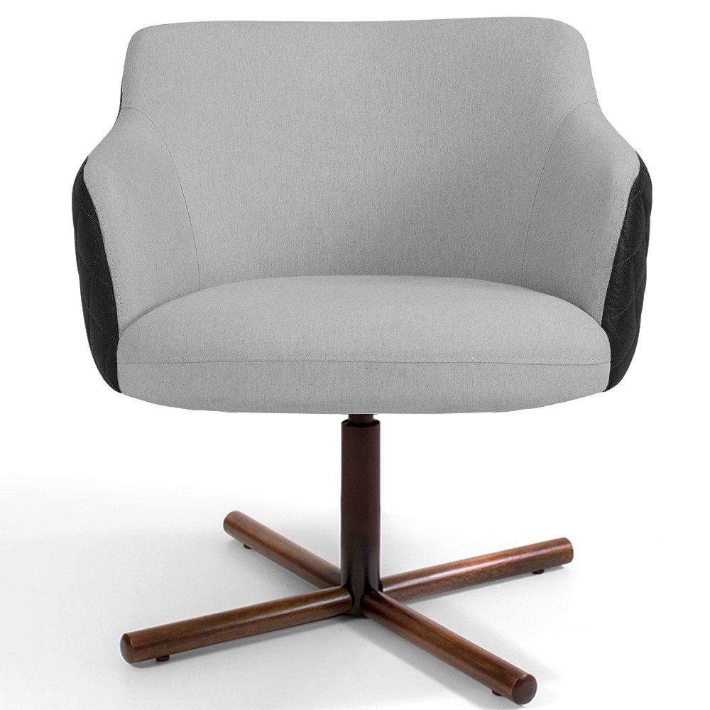 Poltrona Decorativa Giratória Base X Jade D02 Linho Cinza D-315 Tressê Corano Preto - Lyam Decor