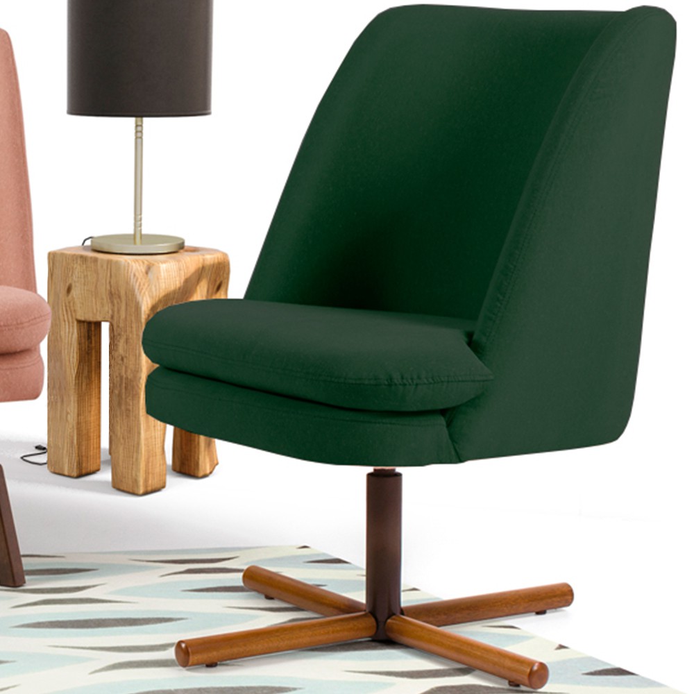 Poltrona Decorativa Giratória Base X Pérsia D02 Linho Verde C-117 - Lyam Decor