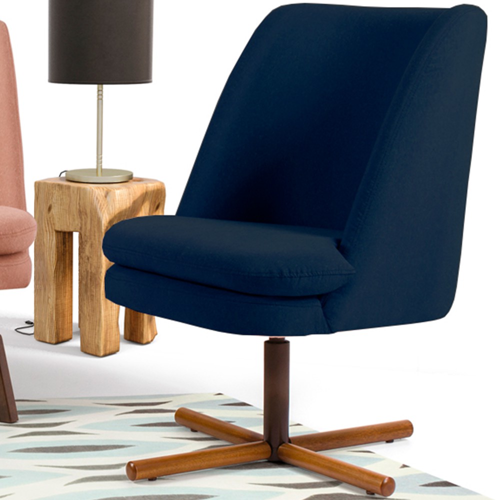 Poltrona Decorativa Giratória Base X Pérsia D02 Veludo Azul Oxford B-304  - Lyam Decor