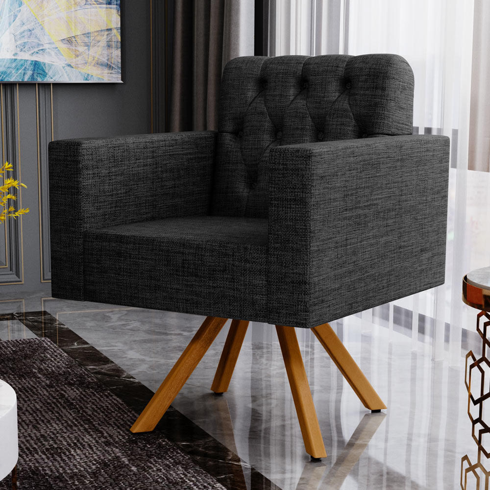 Poltrona Decorativa Giratória Base de Madeira Manu L02 Capitonê Linho Chumbo - Lyam Decor