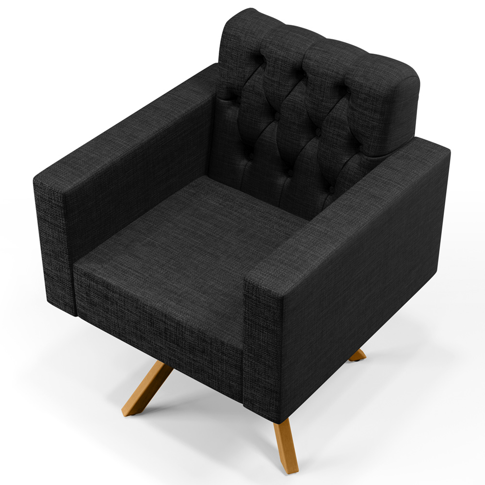Poltrona Decorativa Giratória Base de Madeira Manu L02 Capitonê Linho Chumbo - Lyam Decor
