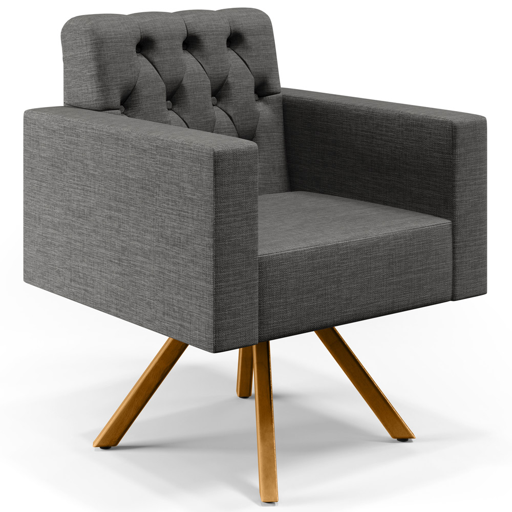 Poltrona Decorativa Giratória Base de Madeira Manu L02 Capitonê Linho Cinza Escuro - Lyam Decor