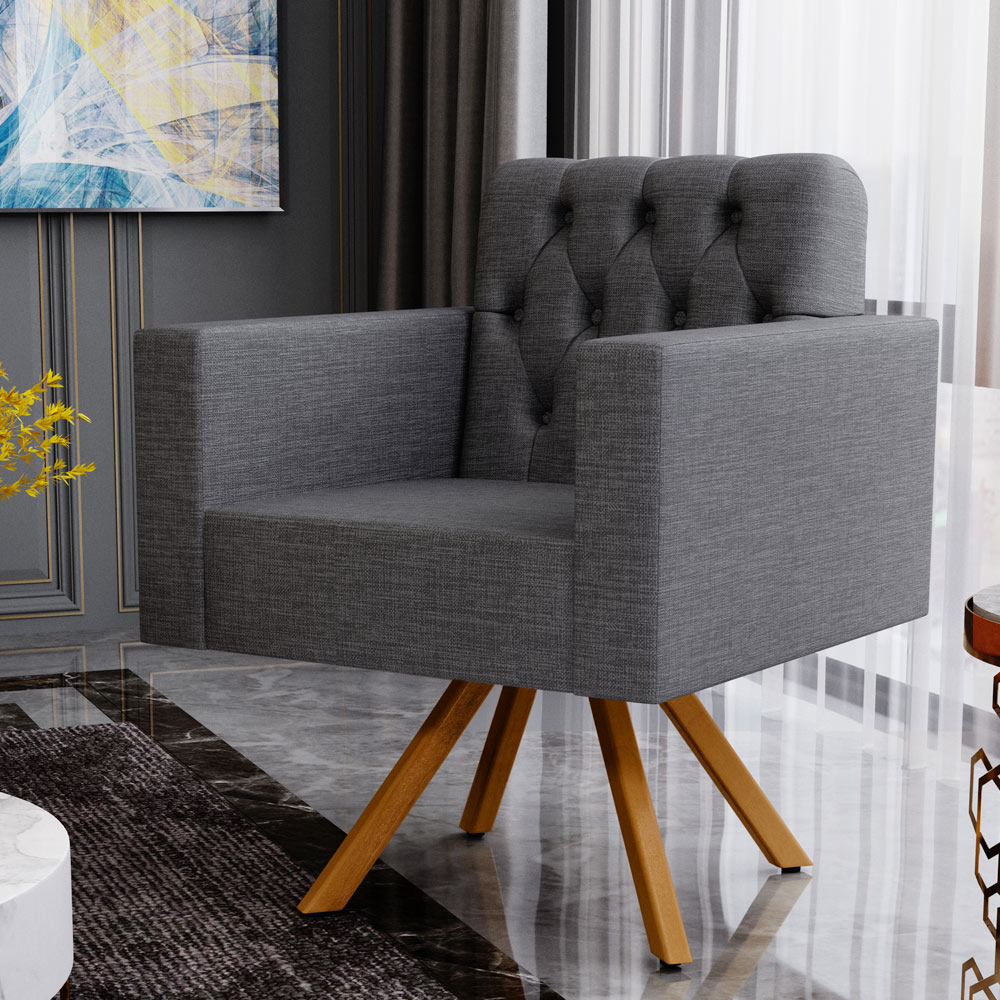 Poltrona Decorativa Giratória Base de Madeira Manu L02 Capitonê Linho Cinza Escuro - Lyam Decor