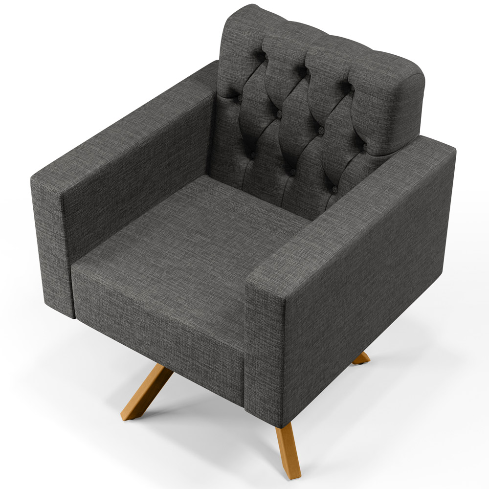 Poltrona Decorativa Giratória Base de Madeira Manu L02 Capitonê Linho Cinza Escuro - Lyam Decor