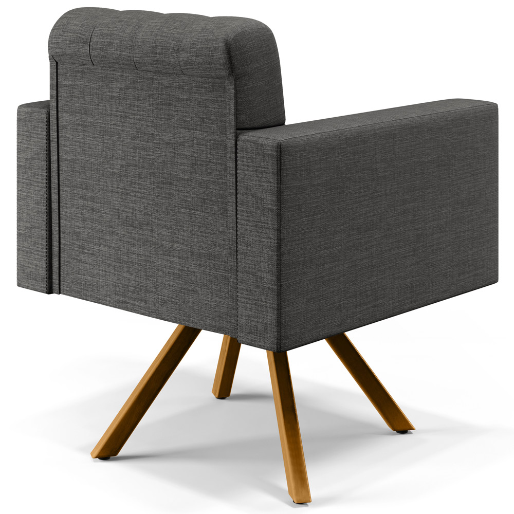 Poltrona Decorativa Giratória Base de Madeira Manu L02 Capitonê Linho Cinza Escuro - Lyam Decor