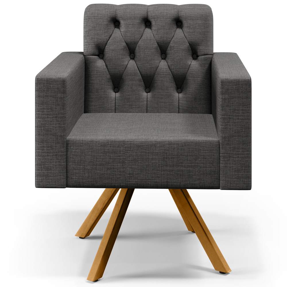 Poltrona Decorativa Giratória Base de Madeira Manu L02 Capitonê Linho Cinza Escuro - Lyam Decor