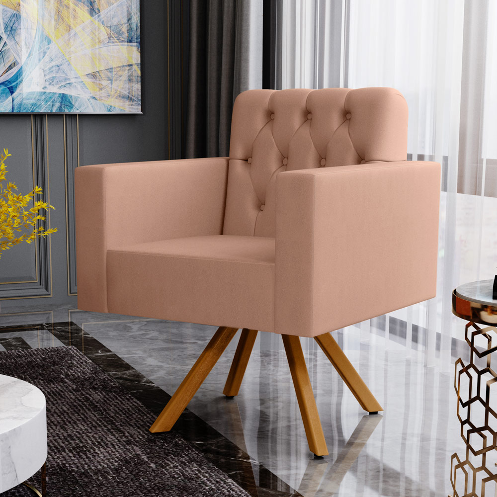 Poltrona Decorativa Giratória Base de Madeira Manu L02 Capitonê Linho Rosê - Lyam Decor