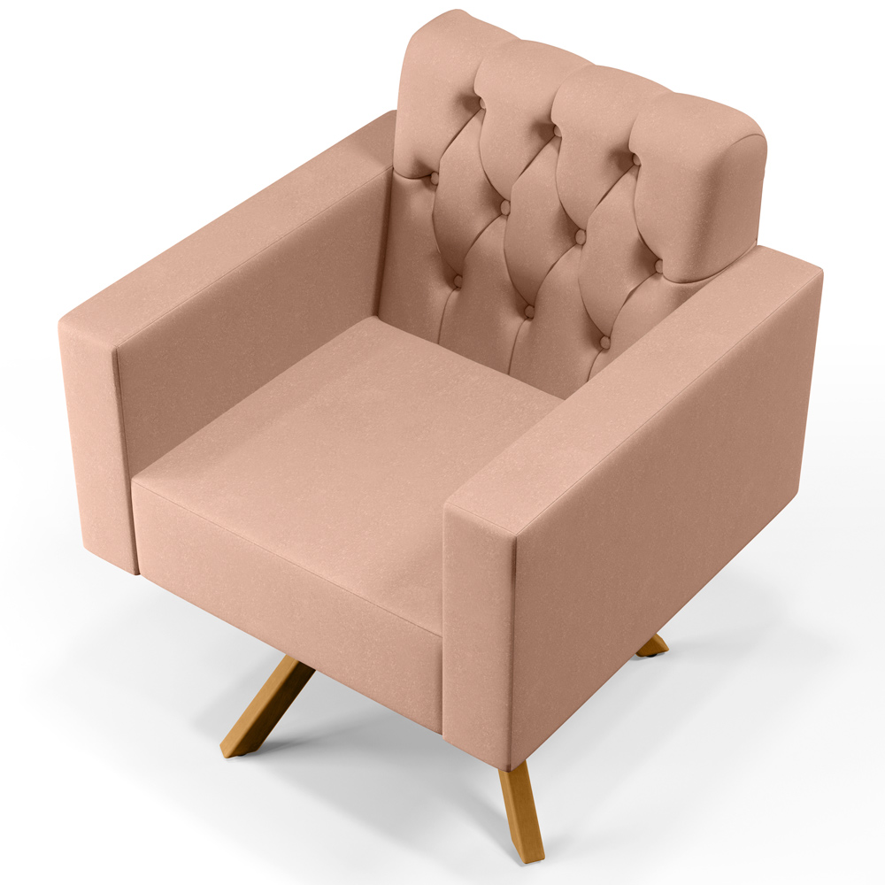 Poltrona Decorativa Giratória Base de Madeira Manu L02 Capitonê Linho Rosê - Lyam Decor