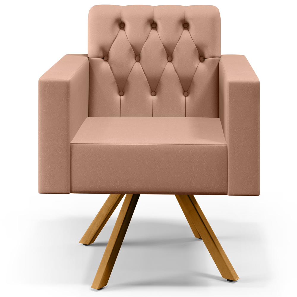 Poltrona Decorativa Giratória Base de Madeira Manu L02 Capitonê Linho Rosê - Lyam Decor