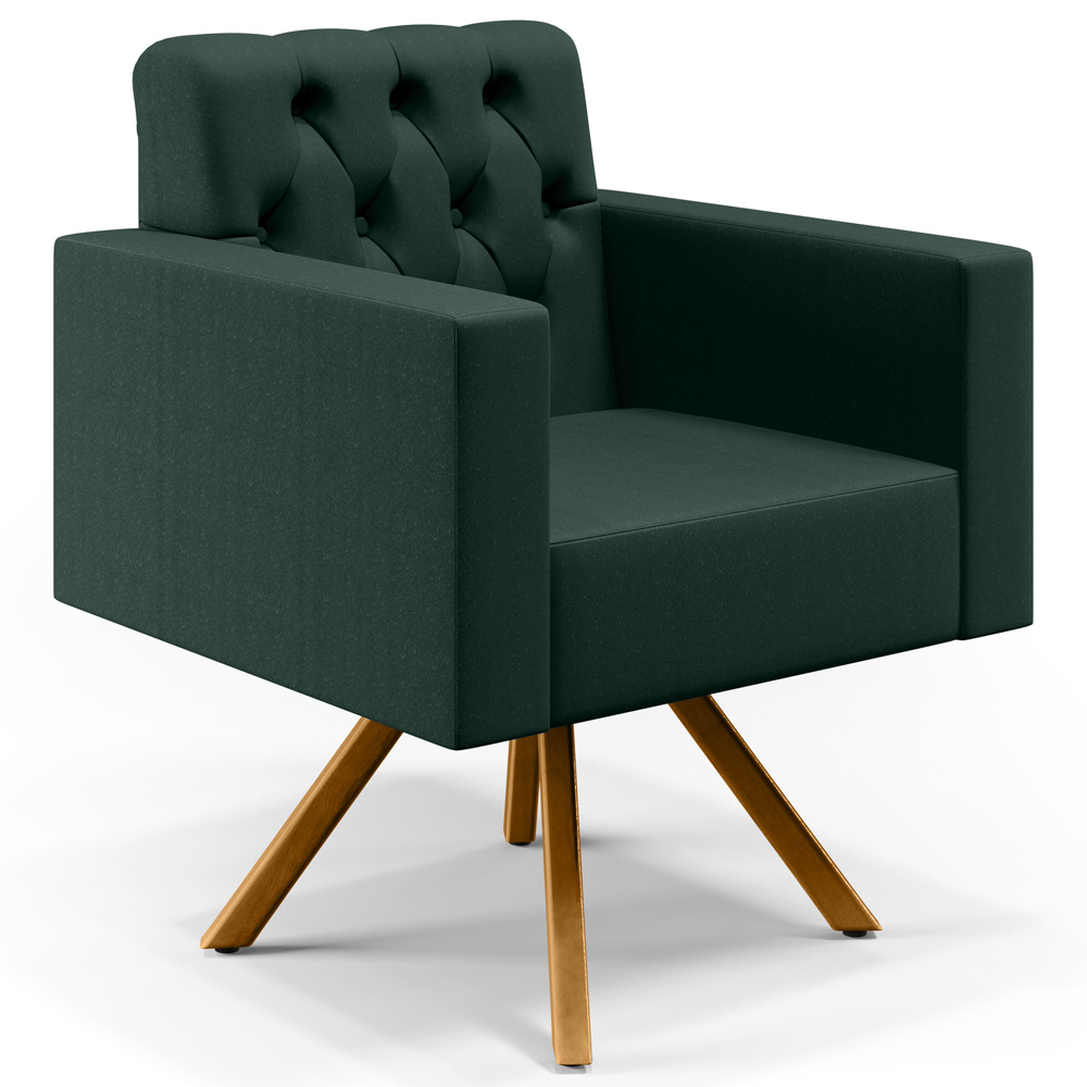 Poltrona Decorativa Giratória Base de Madeira Manu L02 Capitonê Linho Verde Musgo - Lyam Decor