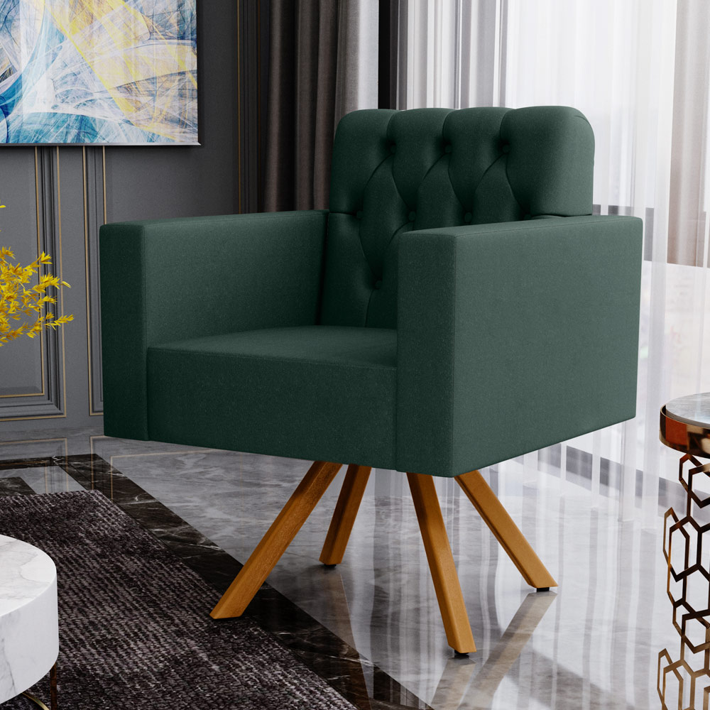 Poltrona Decorativa Giratória Base de Madeira Manu L02 Capitonê Linho Verde Musgo - Lyam Decor