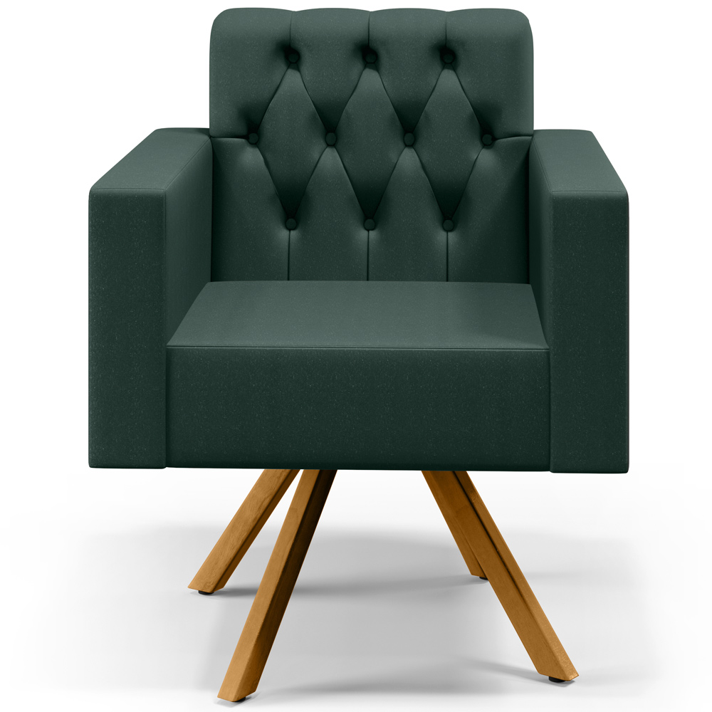 Poltrona Decorativa Giratória Base de Madeira Manu L02 Capitonê Linho Verde Musgo - Lyam Decor