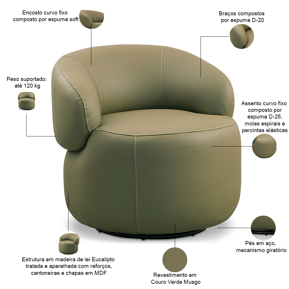 Poltrona Decorativa Giratória Orgânica Para Sala Living Nevile L06 Couro Verde Musgo - Lyam Decor