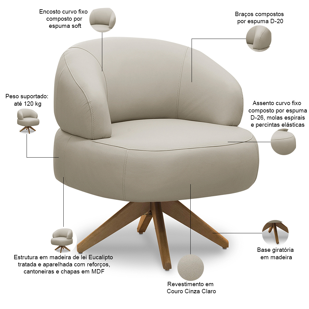 Poltrona Decorativa Giratória Orgânica Para Sala Living Zadok L06 Couro Cinza Claro - Lyam Decor