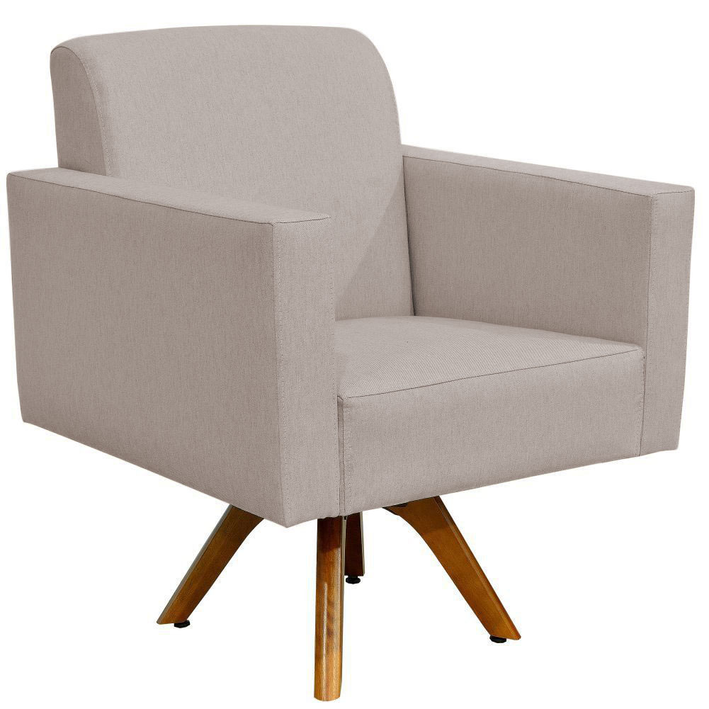 Poltrona Decorativa Giratória Para Sala de Estar Base de Madeira Helô L02 Linho Bege - Lyam Decor