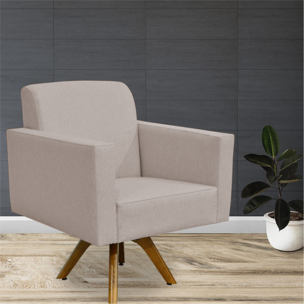 Poltrona Decorativa Giratória Para Sala de Estar Base de Madeira Helô L02 Linho Bege - Lyam Decor