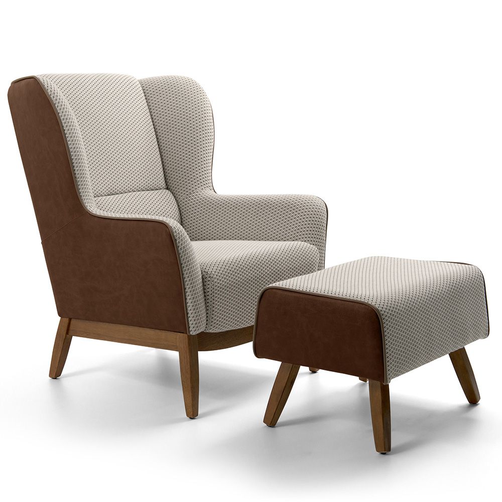 Poltrona Decorativa Milena D02 com Puff Viseo Fixa Base Jacar Algodão Creme Marrom A-208 - Lyam Decor