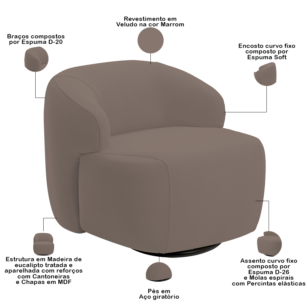 Poltrona Decorativa Orgânica Giratória Para Sala Living Barolo L06 Veludo Marrom - Lyam Decor