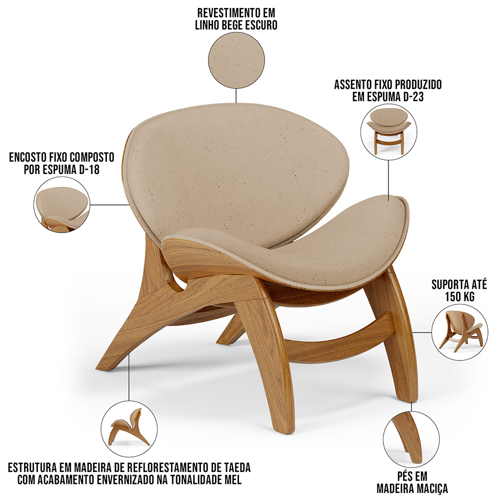 Poltrona Decorativa Orgânica Sala Living Kadosh L02 Linho Bege Escuro - Lyam Decor
