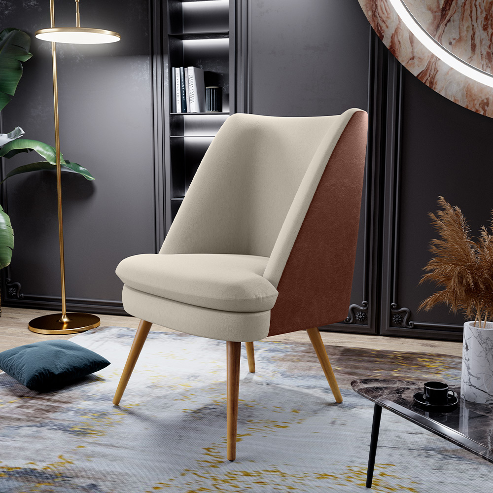 Poltrona Decorativa Pérsia Fixa Pés Palito D02 Linho Bege C-107 Corano Marrom B-38 - Lyam Decor