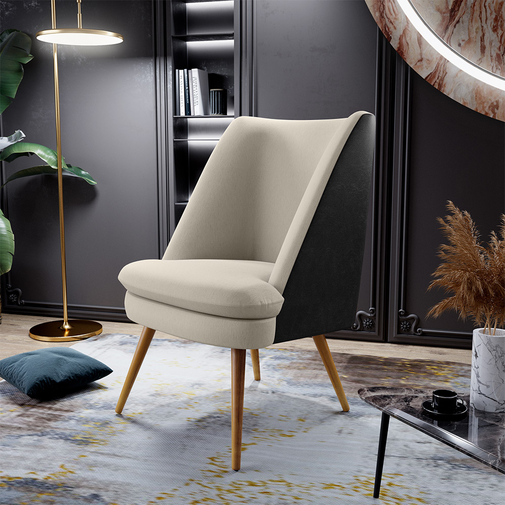 Poltrona Decorativa Pérsia Fixa Pés Palito D02 Linho Bege C-107 Corano Preto B-97 - Lyam Decor