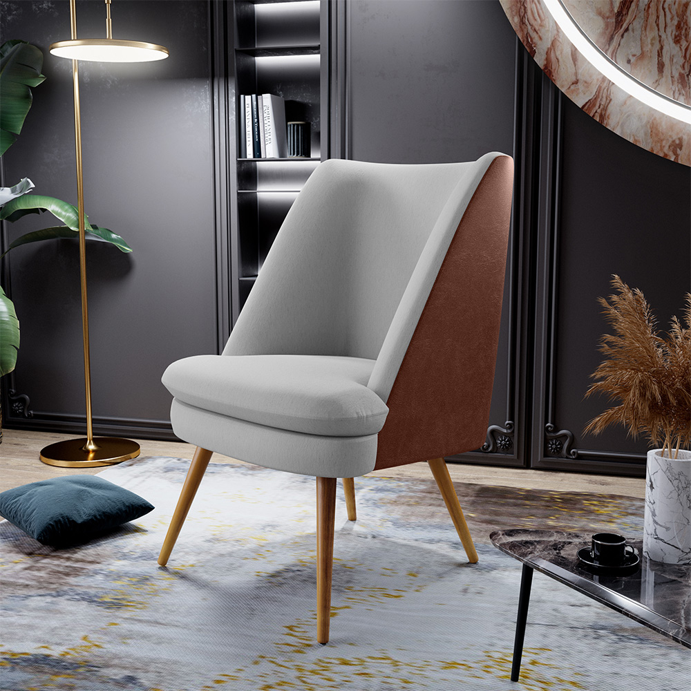 Poltrona Decorativa Pérsia Fixa Pés Palito D02 Linho Cinza D-315 Corano Marrom B-38 - Lyam Decor