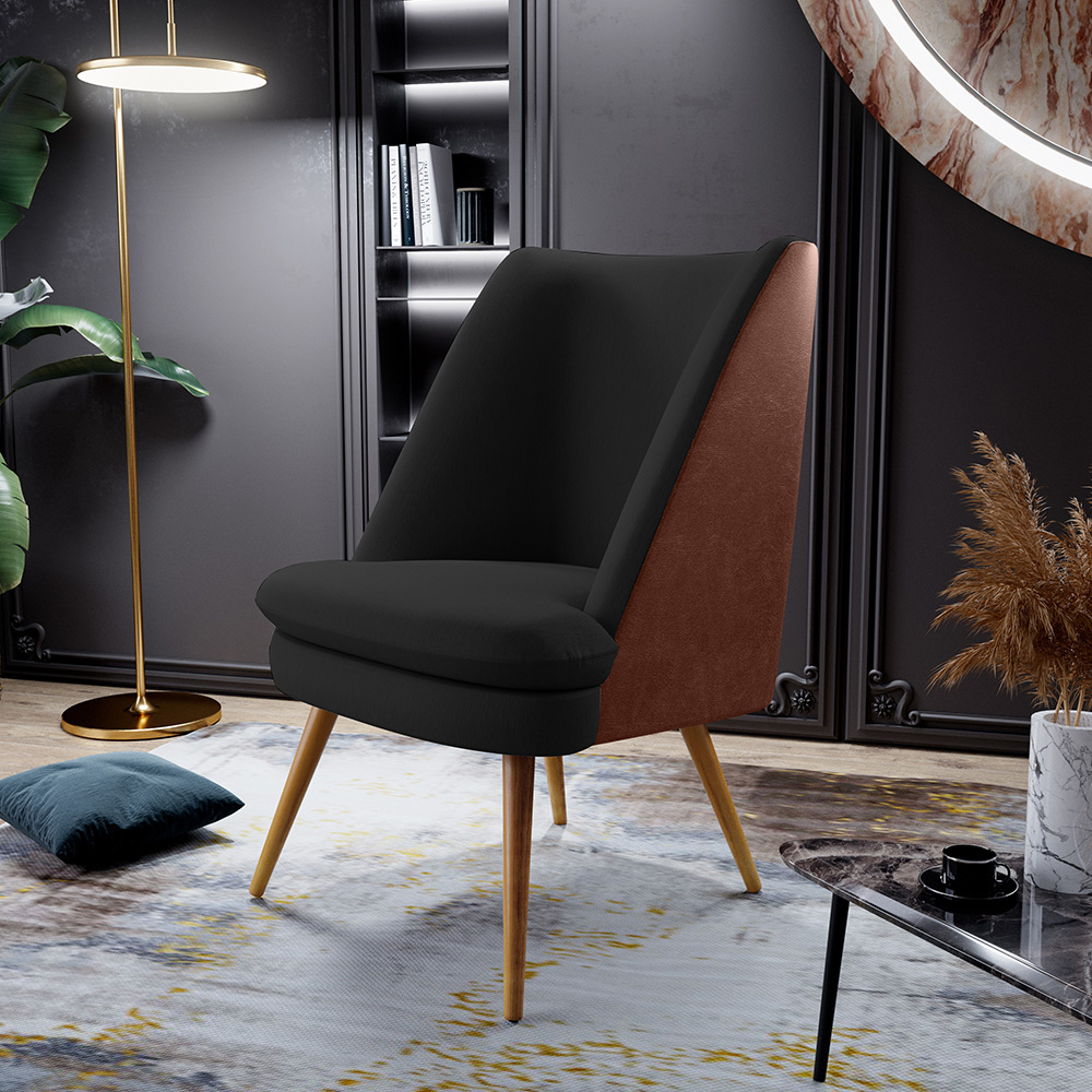 Poltrona Decorativa Pérsia Fixa Pés Palito D02 Veludo Preto C-300 Corano Marrom B-38 - Lyam Decor