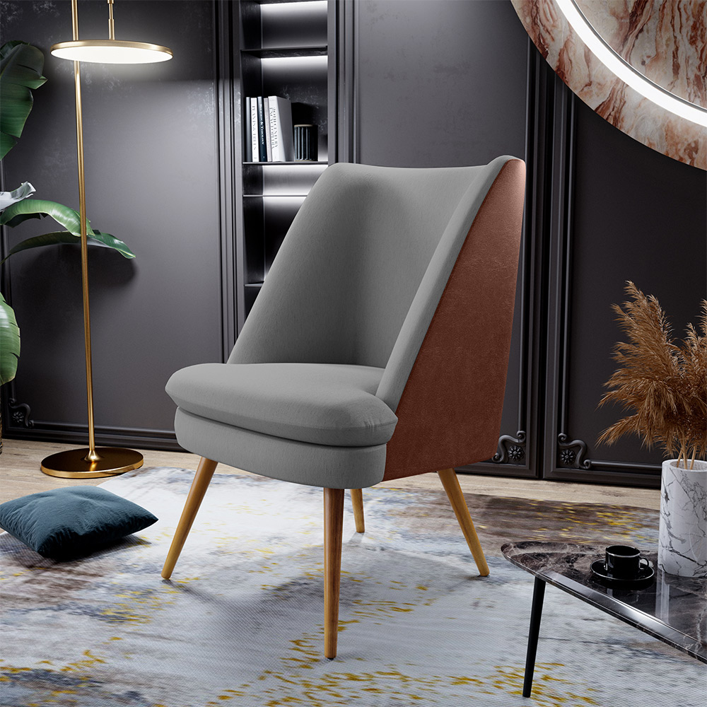 Poltrona Decorativa Pérsia Pés Palito D02 Linho Cinza Escuro C-416 Corano Marrom B-38 - Lyam Decor