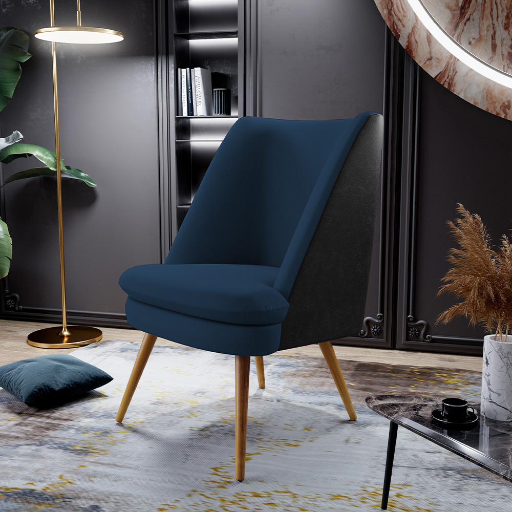 Poltrona Decorativa Pérsia Pés Palito D02 Veludo Azul Marinho C-304 Corano Preto B-97 - Lyam Decor