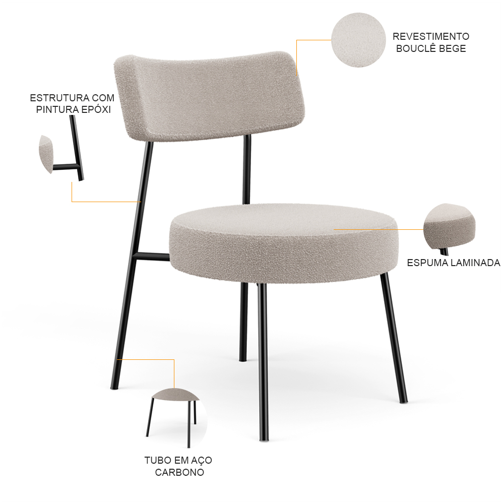 Poltrona Decorativa Para Sala De Estar Base Fixa Londres L02 Bouclê Bege - Lyam