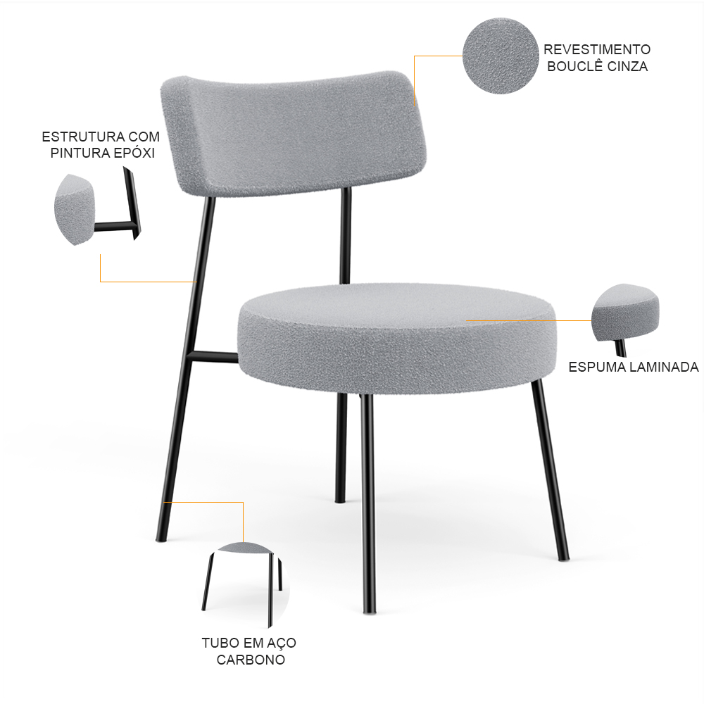 Poltrona Decorativa Para Sala De Estar Base Fixa Londres L02 Bouclê Cinza - Lyam