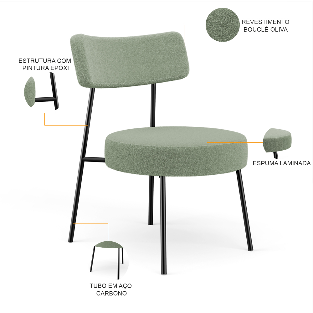 Poltrona Decorativa Para Sala De Estar Base Fixa Londres L02 Bouclê Oliva - Lyam