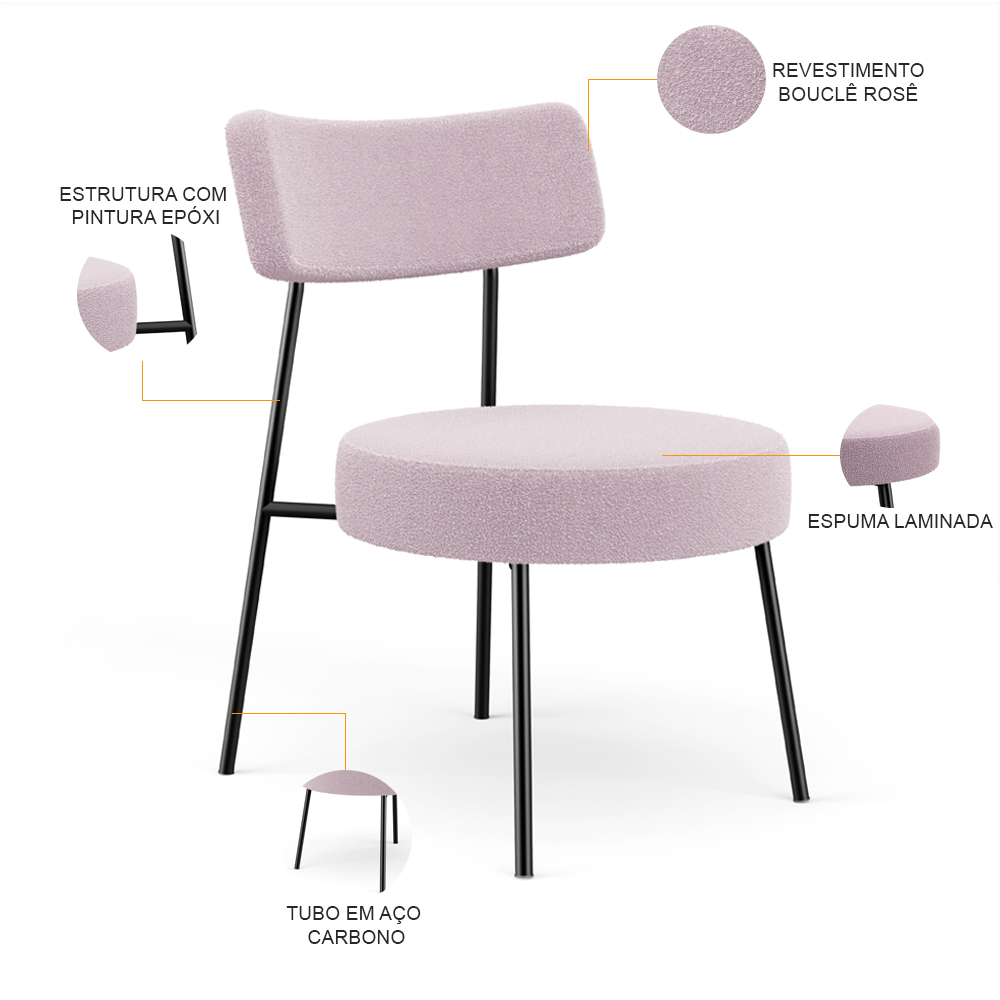Poltrona Decorativa Para Sala De Estar Base Fixa Londres L02 Bouclê Rosê - Lyam