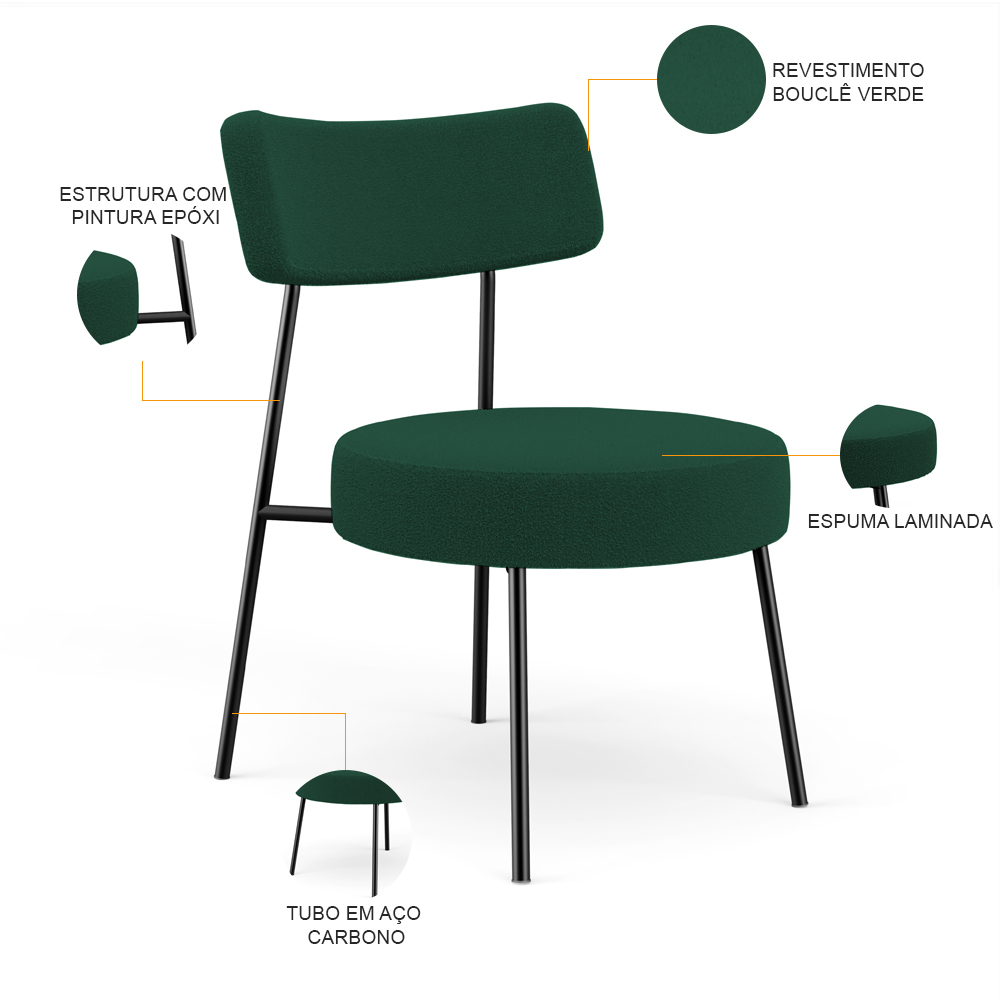 Poltrona Decorativa Para Sala De Estar Base Fixa Londres L02 Bouclê Verde - Lyam