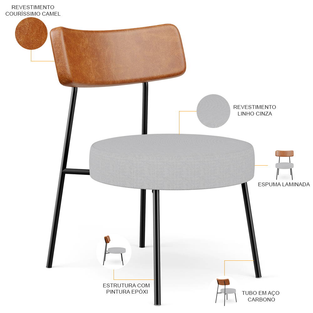 Poltrona Decorativa Para Sala De Estar Base Fixa Londres L02 Couríssimo Camel Linho Cinza - Lyam