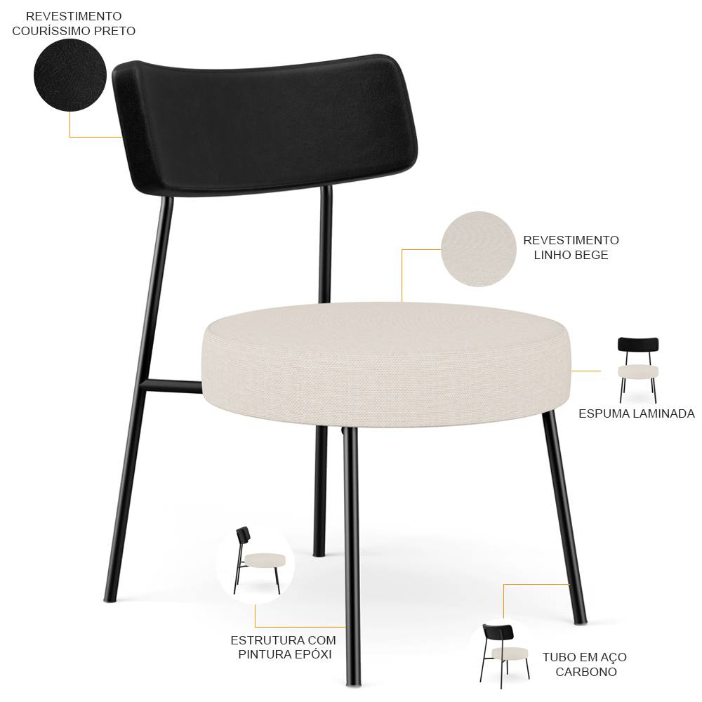 Poltrona Decorativa Para Sala De Estar Base Fixa Londres L02 Couríssimo Preto Linho Bege - Lyam