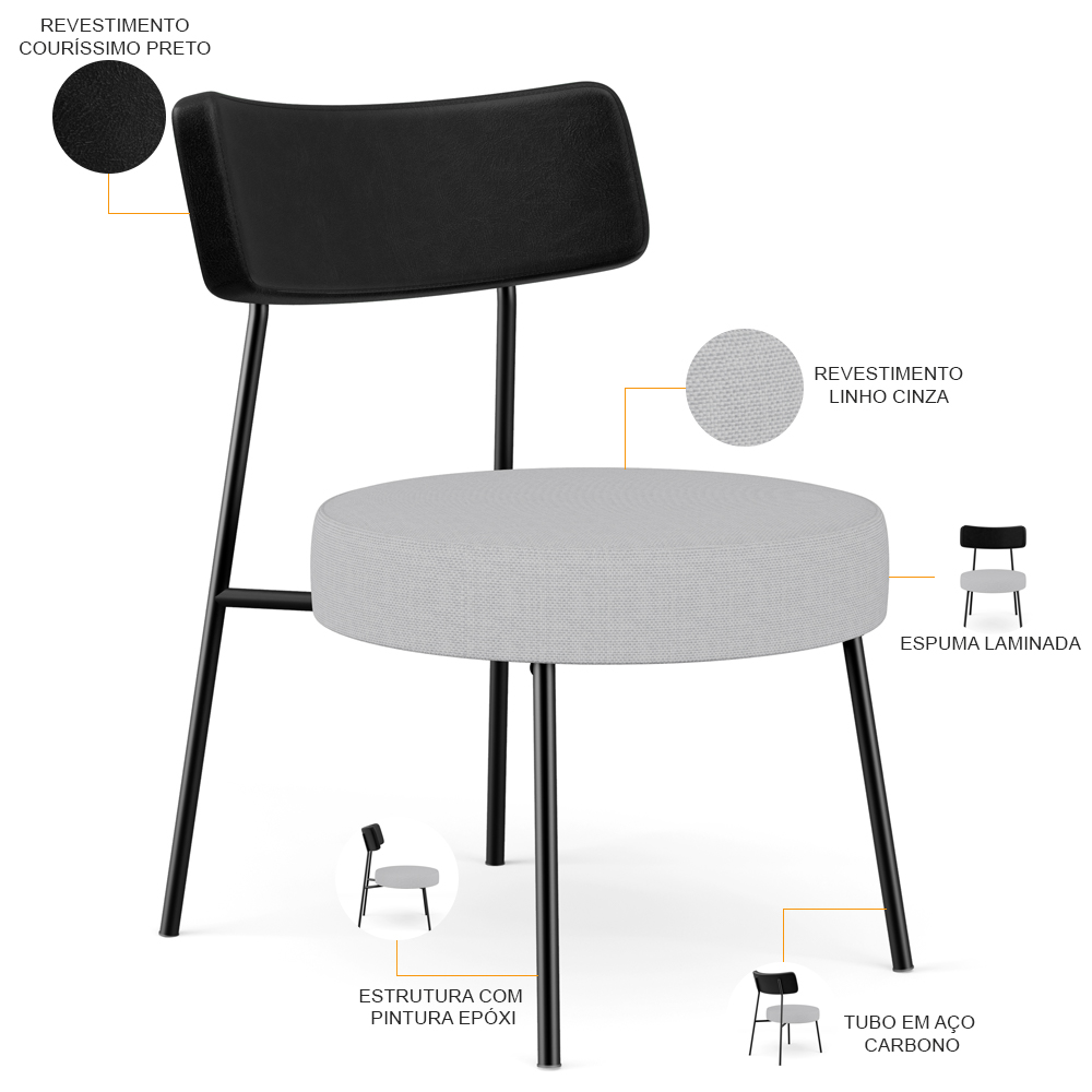 Poltrona Decorativa Para Sala De Estar Base Fixa Londres L02 Couríssimo Preto Linho Cinza - Lyam