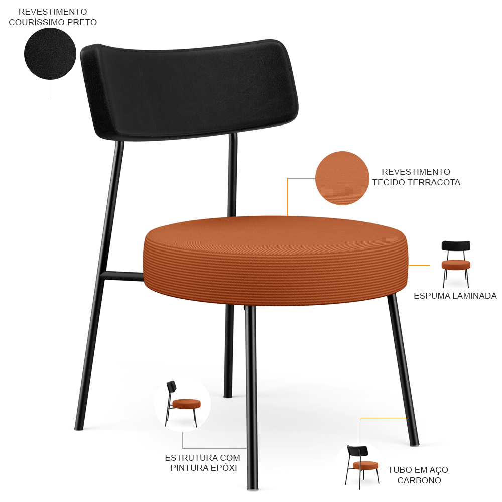 Poltrona Decorativa Para Sala De Estar Base Fixa Londres L02 Couríssimo Preto Tecido Terracota - Lyam