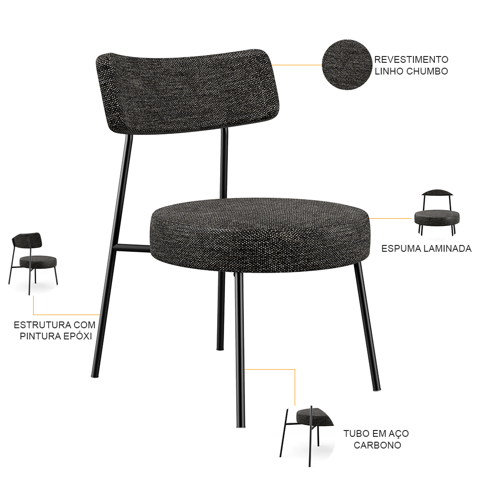 Poltrona Decorativa Para Sala De Estar Base Fixa Londres L02 Linho Chumbo - Lyam Decor