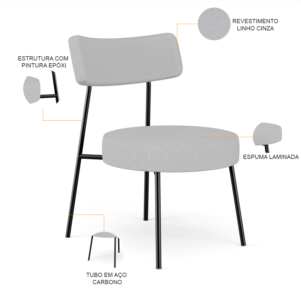 Poltrona Decorativa Para Sala De Estar Base Fixa Londres L02 Linho Cinza - Lyam