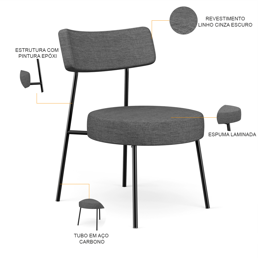 Poltrona Decorativa Para Sala De Estar Base Fixa Londres L02 Linho Cinza Escuro - Lyam