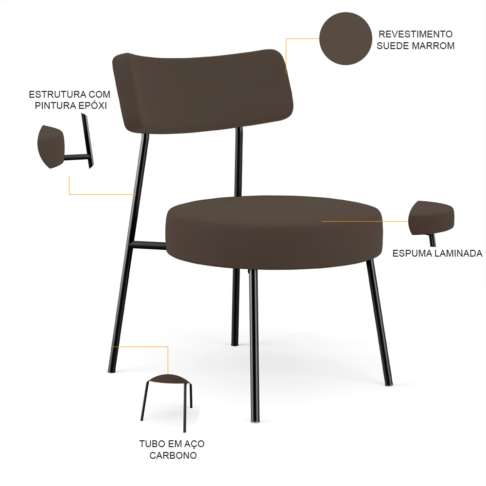Poltrona Decorativa Para Sala De Estar Base Fixa Londres L02 Suede Marrom - Lyam