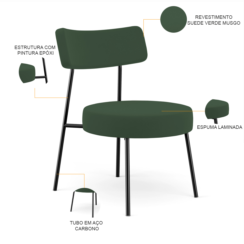 Poltrona Decorativa Para Sala De Estar Base Fixa Londres L02 Suede Verde Musgo - Lyam