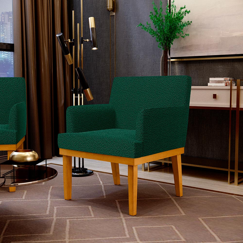 Poltrona Decorativa Para Sala De Estar E Recepção Base Mel Beatriz W01 Bouclê Verde - Lyam Decor